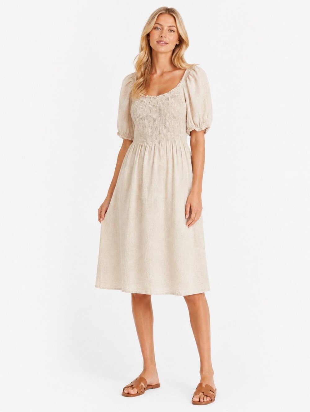 Bellambia Size L 100% Linen Smocked Puff-Sleeve Midi Dress in Neutral Beige